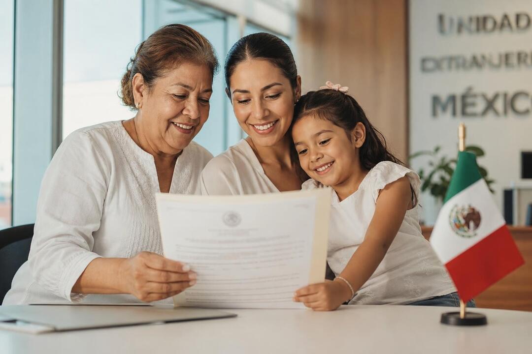 Familia mexicana revisando documentos oficiales
